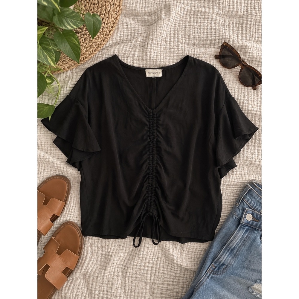 The Nines Black Ruched Front Ruffle Flutter Sleeve V-Neck Blouse SS9254 Small